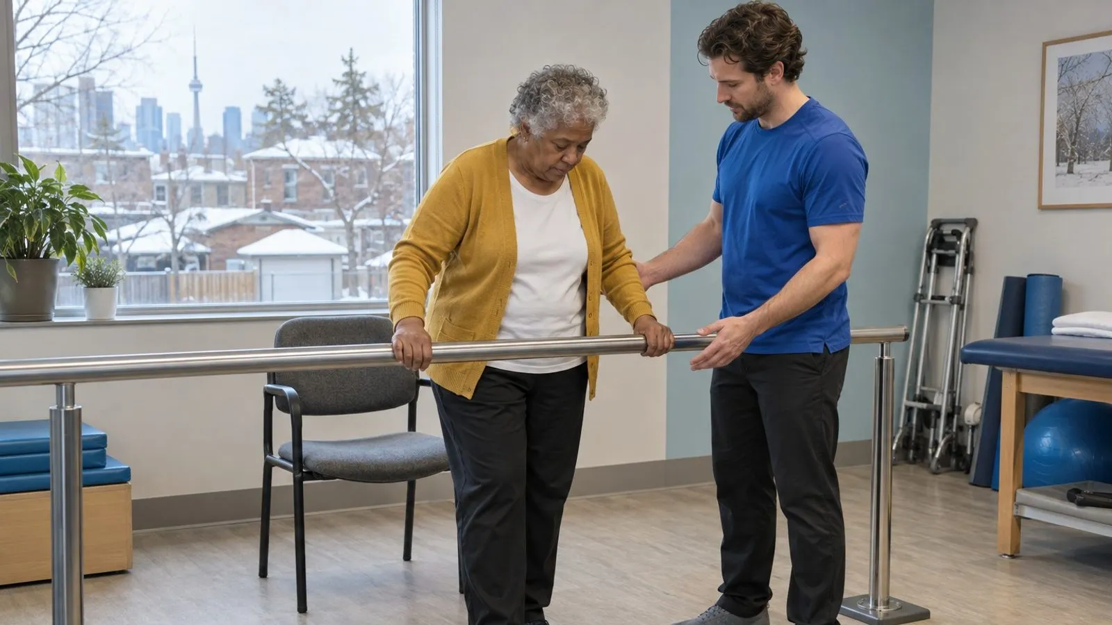 A physiotherapist standing close by as a patient holds a rail and shifts her weight after knee surgery