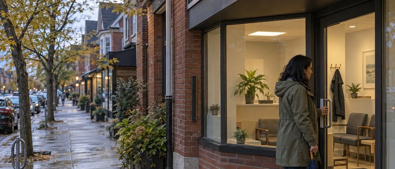 A visitor arriving at the clinic entrance on Bloor Street West
