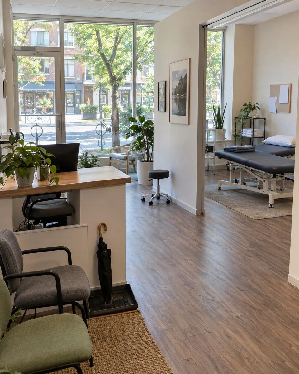 The welcoming entrance and naturally lit treatment area of a small physiotherapy clinic on Bloor Street West.
