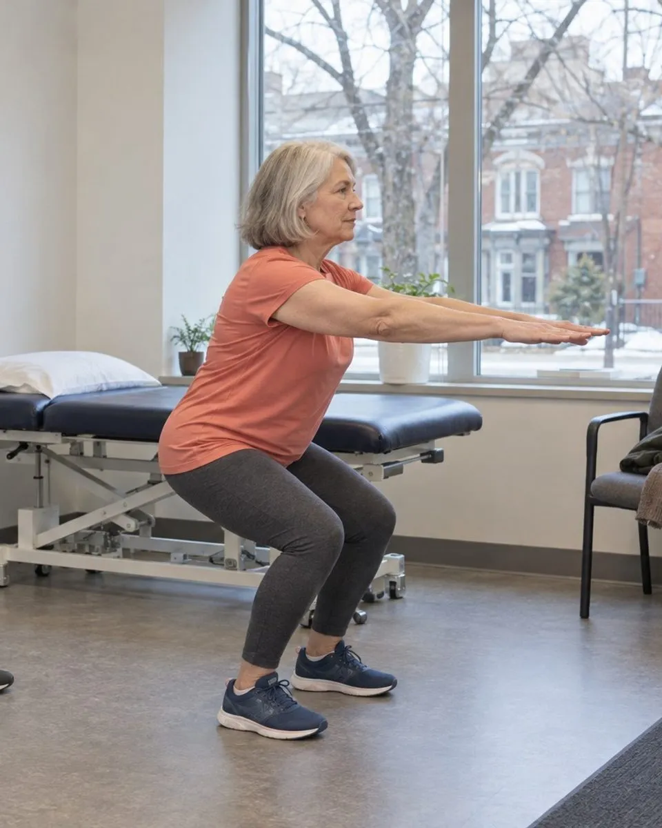 A physiotherapist watches a patient perform a controlled movement assessment