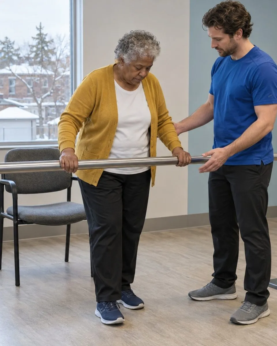 A physiotherapist watches a patient perform a controlled movement assessment