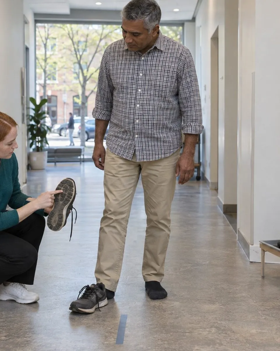 A physiotherapist watches a patient perform a controlled movement assessment