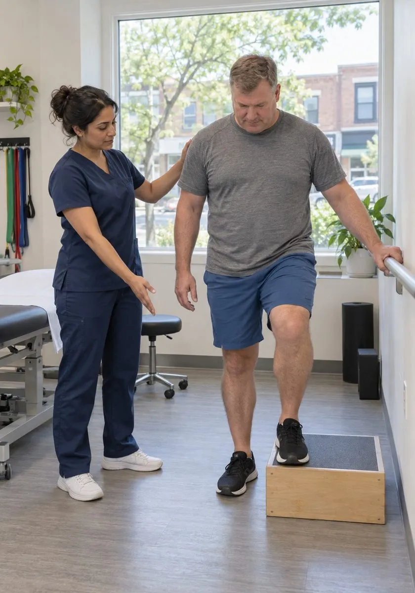 A registered physiotherapist guiding an adult patient through a careful standing movement in a bright neighbourhood clinic.